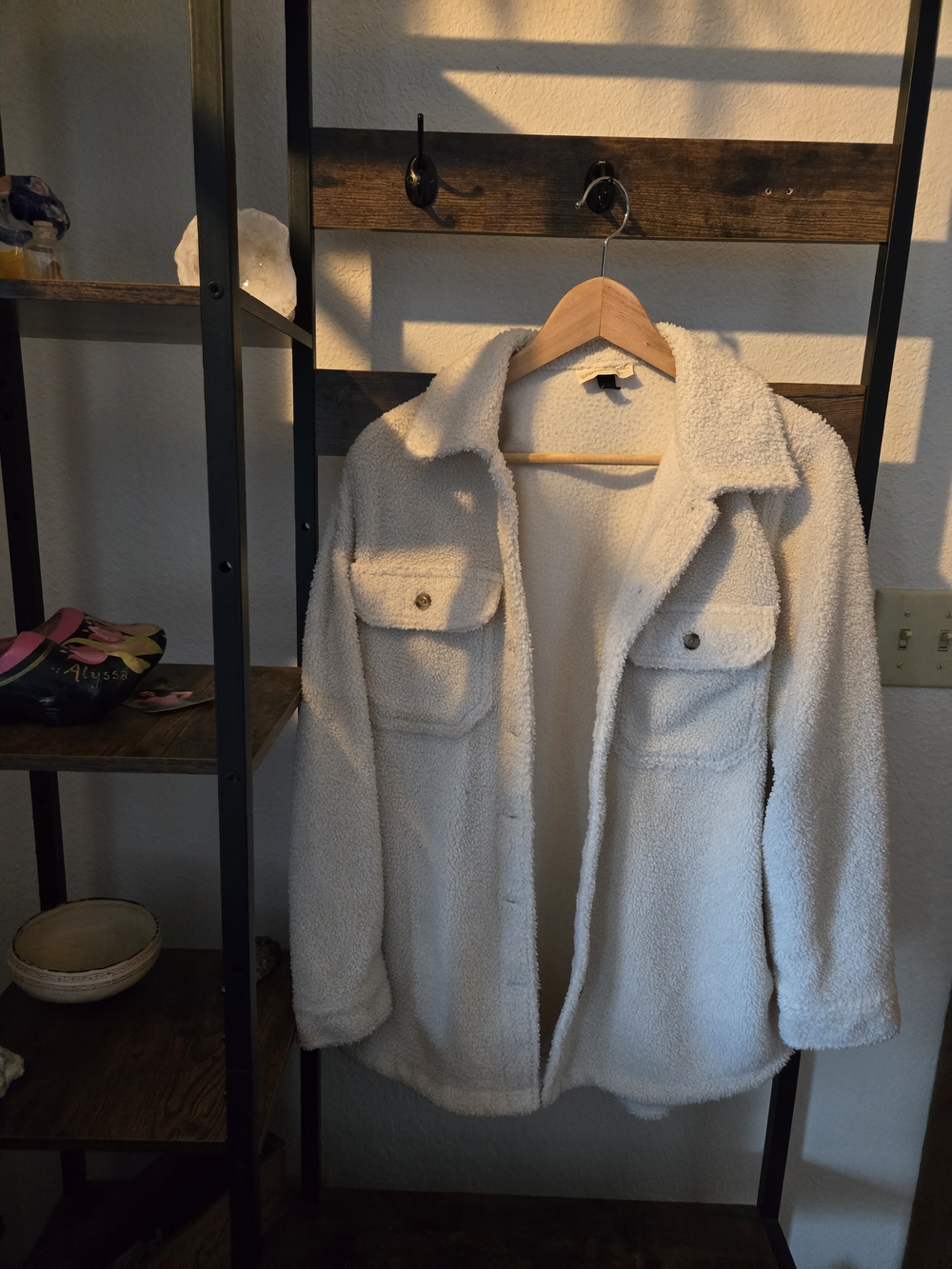 Universal Thread Cream Teddy Shacket with Front Flap Pockets